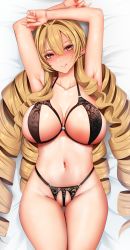 Rule 34 | 1girl, :q, alternate breast size, armpits, arms up, black bra, black panties, blonde hair, bra, breasts, closed mouth, cowboy shot, drill hair, elf, elinalise dragonroad, ginhaha, highres, large breasts, lingerie, long hair, looking at viewer, lying, mushoku tensei, on back, panties, pointy ears, red eyes, sideboob, smile, solo, thighs, tongue, tongue out, underwear