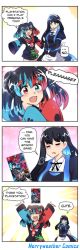 Rule 34 | 2girls, 4koma, :&gt;, :d, absurdres, apron, arms up, black hair, blue eyes, blue hair, blush, breasts, comic, commentary, english commentary, english text, fang, flat chest, game console, gloves, happy, heterochromia, highres, hinghoi, large breasts, long hair, maid apron, maid headdress, merryweather, multicolored hair, multiple girls, nintendo switch, nintendo switch (personification), open mouth, original, os-tan, paint splatter, persona, persona 5, persona 5 scramble: the phantom strikers, personification, playstation 4, playstation 4 (personification), red eyes, red hair, sleeves past wrists, smile, speech bubble, thought bubble, white gloves, wide sleeves