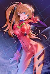 Rule 34 | 1girl, absurdres, arm at side, arm up, blue eyes, blush, bodysuit, breasts, contrapposto, cowboy shot, curvy, floating hair, gradient background, hand in own hair, hand on own head, highres, interface headset, long hair, looking to the side, neon genesis evangelion, open mouth, orange hair, paint splatter, plugsuit, red bodysuit, seoji, shiny clothes, sidelocks, skin tight, small breasts, solo, souryuu asuka langley, teeth, thighs, twintails, two side up, upper teeth only, very long hair, wide hips
