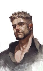 Rule 34 | 1boy, absurdres, adam&#039;s apple, bara, beard stubble, brown hair, collared shirt, cropped torso, facial hair, goatee stubble, highres, light brown hair, light smile, male focus, mature male, muscular, muscular male, mustache stubble, nipples, original, partially unbuttoned, pectoral cleavage, pectorals, scar, scar across eye, shirt, short hair, sideways glance, solo, stubble, thick eyebrows, undercut, veiny neck, wavy hair, wrinkled skin, wushier