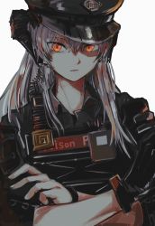 Rule 34 | 1girl, absurdres, arknights, black bracelet, black gloves, black hat, black shirt, bulletproof vest, collared shirt, commentary, crossed arms, dragon horns, earpiece, gloves, hair between eyes, hat, highres, horns, id card, long hair, long neck, looking at viewer, military hat, official alternate costume, orange eyes, peaked cap, police, police hat, police uniform, saria (arknights), saria (the law) (arknights), shirt, shoulder pads, simple background, single glove, sleeves rolled up, slit pupils, solo, tactical clothes, uniform, upper body, user mhaa7724, white background, white hair, wing collar