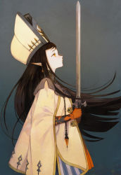Rule 34 | 1girl, black hair, coat, gloves, hat, highres, hihara you, holding, holding sword, holding weapon, long hair, original, pointy ears, profile, simple background, solo, sword, turtleneck, uniform, weapon