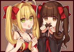Rule 34 | 10s, 2girls, :d, ahoge, bad id, bad pixiv id, bare arms, bare shoulders, black border, blonde hair, blush, border, bow, breasts, brown background, brown eyes, brown hair, bunching hair, cleavage, collarbone, dress, fake facial hair, fake mustache, fate/extra, fate (series), flying sweatdrops, frilled dress, frills, green eyes, hair bow, hair intakes, karokuchitose, kishinami hakuno (female), long hair, long sleeves, medium breasts, multiple girls, nero claudius (fate), nero claudius (fate) (all), nero claudius (fate/extra), nose blush, open mouth, outline, playing with own hair, polka dot, polka dot background, red bow, red dress, sidelocks, sleeveless, sleeveless dress, smile, sparkle, tareme, twintails, upper body, v-shaped eyebrows, wavy hair, white outline
