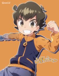 Rule 34 | 1boy, brown eyes, brown hair, character name, clenched hand, cowboy shot, danball senki, grin, highres, jacket, male focus, orange background, outline, simple background, smile, solo, twitter username, wool bl, yamano ban