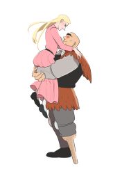 Rule 34 | 1boy, 1girl, absurdres, amputee, bald, black footwear, black vest, blonde hair, blue eyes, blush, brown capelet, capelet, chanko 122, dorshe, dress, full body, grey pants, hands on another&#039;s shoulders, highres, hilling (ousama ranking), hug, lifting person, long hair, looking at another, mature female, mature male, muscular, muscular male, one-eyed, ousama ranking, pants, peg leg, pink dress, profile, prosthesis, prosthetic leg, scar, scar on face, simple background, standing, vest, white background