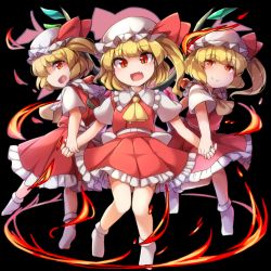Rule 34 | 3girls, ascot, black background, blonde hair, blush, commentary request, crystal, fang, fire, flandre scarlet, four of a kind (touhou), full body, fun bo, hat, holding hands, looking at viewer, mob cap, multiple girls, multiple persona, no shoes, open mouth, red eyes, red skirt, red vest, ring of fire, shirt, short hair, short sleeves, side ponytail, simple background, skirt, slit pupils, smile, socks, touhou, vest, white legwear, white shirt, wings, yellow ascot