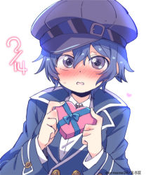 Rule 34 | 1girl, artist name, blue hair, blue hat, blue jacket, blush, cabbie hat, collared jacket, collared shirt, eromame, female focus, full-face blush, hat, heart, jacket, looking at viewer, persona, persona 4, purple eyes, shirogane naoto, shirt, short hair, shy, solo, upper body, valentine