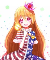 Rule 34 | 1girl, :d, american flag dress, arm behind back, blonde hair, clownpiece, crown, frilled sleeves, frills, hair between eyes, head tilt, highres, long hair, looking at viewer, neck ruff, open mouth, purple eyes, rie-co, short sleeves, simple background, smile, solo, sparkling eyes, star (symbol), striped, torch, touhou, upper body, very long hair, wand, white background