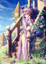 Rule 34 | 1girl, aged up, bespectacled, bird, book, clock, clock tower, cloud, day, female focus, flag, flower, garter belt, garter straps, glasses, grass, hat, highres, light rays, long hair, mob cap, outdoors, patchouli knowledge, purple eyes, purple hair, ribbon, saber 01, shiny skin, side slit, sky, solo, stairs, sunbeam, sunlight, thighhighs, touhou, tower, very long hair