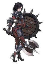 Rule 34 | 1girl, armor, ass, axe, bead necklace, beads, berengaria (unicorn overlord), black hair, bodysuit, breastplate, brown bodysuit, full body, gauntlets, holding, holding shield, jewelry, looking at viewer, necklace, noma takafumi, official art, purple eyes, red bodysuit, scar, scar across eye, shield, short hair, shoulder plates, simple background, solo, standing, third-party source, unicorn overlord, white background