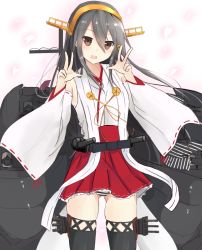 Rule 34 | 10s, 1girl, black hair, black thighhighs, brown eyes, commentary request, cowboy shot, detached sleeves, double v, eyebrows, hair between eyes, hair ornament, hairclip, haruna (kancolle), headgear, kantai collection, long hair, looking at viewer, nontraditional miko, open mouth, panties, pantyshot, skirt, solo, standing, striped clothes, striped panties, thighhighs, turret, underwear, v, yuki (yukin0128)