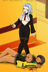 Rule 34 | black suit, blood, blood on clothes, breasts, breasts out, brown hair, formal, guro, highres, holding, holding weapon, hospital rokunin no ishi, lying, maria torres, medium breasts, mira kimishima, multiple girls, nipples, nosebleed, on back, slit throat, suit, weapon, white hair, yellow background