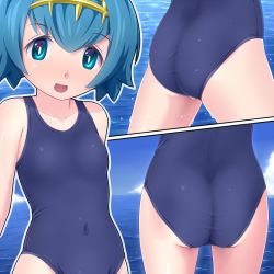 Rule 34 | 1girl, :d, ass, bare shoulders, blue eyes, blue hair, blue sky, breasts, close-up, covered navel, creatures (company), day, game freak, hair ornament, highres, lana (pokemon), looking at viewer, lower body, multiple views, nintendo, ocean, one-piece swimsuit, open mouth, pokemon, pokemon sm, short hair, sky, small breasts, smile, swimsuit, trial captain, upper body, water, wet, yasutake