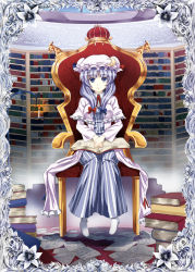 Rule 34 | 1girl, book, chair, dress, female focus, full body, gin&#039;ichi (akacia), hat, indoors, library, long hair, patchouli knowledge, purple hair, solo, touhou, voile