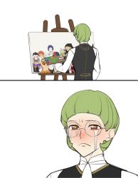 Rule 34 | 1boy, brown eyes, crying, crying with eyes open, easel, fire emblem, fire emblem: three houses, fire emblem heroes, garreg mach monastery uniform, glasses, green hair, highres, ignatz victor, multiple boys, multiple girls, nintendo, painting (action), painting (object), palette (object), round eyewear, shishima eichi, short hair, solo, tears