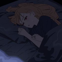 Rule 34 | 1girl, black shirt, blonde hair, blush, bocchi the rock!, head on pillow, highres, ijichi seika, kerorira, long hair, looking at viewer, lying, on side, open mouth, pillow, red eyes, shirt, solo, sweatdrop, under covers