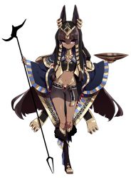 Rule 34 | 1girl, animal ears, anubis (mythology), bad id, bad twitter id, belt, bike shorts, black hair, breasts, cape, character request, copyright request, dark-skinned female, dark skin, ear piercing, egyptian, hair tubes, hime cut, jewelry, long hair, looking at viewer, midriff, navel, neck ring, piercing, pink eyes, plate, samei ikusa, simple background, small breasts, solo, source request, staff, very long hair, white background