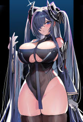 Rule 34 | 1girl, absurdres, alternate hairstyle, august von parseval (azur lane), azur lane, between breasts, black horns, blue eyes, blue hair, breasts, clothing cutout, cowboy shot, cross, cross-laced clothes, cross-laced dress, curled horns, hair over one eye, highleg, highleg leotard, highres, horns, iron cross, kaki z3, large breasts, leotard, long bangs, mechanical horns, one eye covered, standing, strap between breasts, thighhighs, twintails