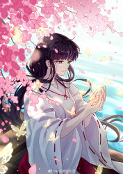 Rule 34 | 1girl, absurdres, black hair, boat, bug, butterfly, cherry blossoms, glowing butterfly, hakama, highres, insect, inuyasha, japanese clothes, kikyou (inuyasha), lu xueqi tongren ye, miko, ponytail, sitting, smile, solo, water, watercraft