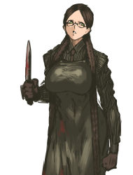 Rule 34 | 1girl, apron, black gloves, blood, blood on clothes, bloody knife, breasts, brown hair, clenched hand, glasses, glasses girl (nameo), gloves, green eyes, highres, kitchen knife, knife, large breasts, long hair, nameo (judgemasterkou), necktie, original, parted bangs, semi-rimless eyewear, shirt, simple background, solo, striped, under-rim eyewear, vertical stripes, very long hair