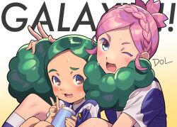 2girls :3 :d ;d brown_eyes dolustoy green_hair highres inazuma_eleven_(series) inazuma_eleven_go inazuma_eleven_go_galaxy inazuma_japan looking_at_viewer morimura_konoha multicolored_shirt multiple_girls nozaki_sakura one_eye_closed open_mouth pink_hair playing_with_another&#039;s_hair smile soccer_uniform sportswear sweat two-tone_background v