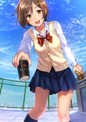 Rule 34 | 1girl, :d, blue skirt, blue sky, blue socks, blush, bow, bowtie, brown eyes, brown hair, buttons, can, canned coffee, chain-link fence, cloud, collared shirt, cup, day, drink can, fence, foreshortening, giving, holding, holding cup, kneehighs, legs apart, long sleeves, looking at viewer, miniskirt, open mouth, original, outdoors, pleated skirt, pov, red bow, red bowtie, rooftop, round teeth, school uniform, shirt, short hair, skirt, sky, smile, socks, solo, sweater vest, swept bangs, tan (tangent), tareme, teeth, white shirt, wing collar