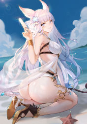 Rule 34 | 1girl, absurdres, animal ears, ass, asymmetrical footwear, bare shoulders, blue eyes, blue sky, blunt bangs, bracelet, breasts, brown footwear, cloud, day, dutch angle, erune, food, from behind, full body, granblue fantasy, hand up, high heels, highres, holding, holding food, jewelry, korwa, korwa (summer) (granblue fantasy), lens flare, long hair, looking at viewer, looking back, medium breasts, mismatched footwear, one-piece swimsuit, outdoors, parted lips, popsicle, seiza, silver hair, sitting, sky, solo, summer, swimsuit, wet, white footwear, white one-piece swimsuit, zikai bai