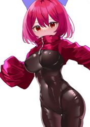 Rule 34 | 1girl, absurdres, akatsuki records, alternate costume, black bodysuit, bodysuit, bow, commentary request, covered mouth, cowboy shot, cropped jacket, gloves, hair bow, highres, jacket, kanta (pixiv9296614), latex, latex bodysuit, latex gloves, latex suit, long sleeves, looking at viewer, medium hair, one-hour drawing challenge, purple bow, red eyes, red hair, red jacket, rock &#039;n&#039; rock &#039;n&#039; beat, sekibanki, simple background, sleeves past fingers, sleeves past wrists, solo, touhou, white background