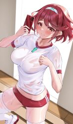Rule 34 | alternate costume, breasts, buruma, closed mouth, core crystal (xenoblade), drop earrings, earrings, gym uniform, hairband, highres, holding, holding phone, jewelry, large breasts, matrix16, phone, pyra (xenoblade), red buruma, red eyes, red hair, see-through, see-through shirt, selfie, shirt, short hair, smile, steaming body, sweat, sweaty clothes, thighhighs, white footwear, white hairband, white shirt, white thighhighs, xenoblade chronicles (series), xenoblade chronicles 2