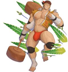 Rule 34 | 1boy, abs, alternate costume, bandaged arm, bandaged leg, bandages, bandana, bara, barefoot, biceps, blonde hair, bulge, clenched hands, collared shirt, dumbbell, elbow pads, f con, fighting stance, fire emblem, fire emblem: three houses, gauntlets, hairy, highres, knee pads, large pectorals, looking to the side, male focus, male swimwear, manly, mature male, muscular, muscular male, nintendo, orange male swimwear, orange swim briefs, pectorals, raphael kirsten, shirt, short hair, simple background, sleeveless, smirk, solo, spiked hair, swim briefs, swimsuit, teeth, thick arms, thick eyebrows, thick thighs, thighs, torn clothes, veins, white background, yellow eyes