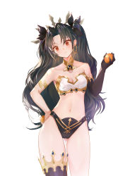 Rule 34 | 1girl, asymmetrical legwear, asymmetrical sleeves, bare shoulders, black hair, blush, breasts, commentary request, crown, detached collar, earrings, elbow gloves, fate/grand order, fate (series), gloves, hair ribbon, highres, holding, hoop earrings, ishtar (fate), jewelry, long hair, looking at viewer, medium breasts, navel, orry, parted bangs, red eyes, ribbon, simple background, single elbow glove, single thighhigh, solo, thighhighs, two side up, uneven legwear, uneven sleeves, white background
