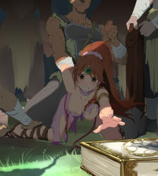 Rule 34 | 1girl, 4boys, absurdres, blush, book, breasts, brown eyes, brown hair, crying, dark-skinned male, dark skin, eudetenis, fire emblem, fire emblem: mystery of the emblem, hair ornament, hairband, highres, imminent gangbang, imminent rape, kneeling, linde (fire emblem), long hair, multiple boys, muscular, muscular male, nintendo, nipples, one breast out, ponytail, rape, reaching, reaching towards viewer, restrained, sandals, sleeveless, struggling, tears, teeth, the goblin, torn clothes