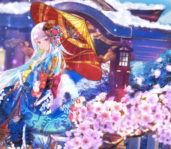 Rule 34 | absurdres, anan, architecture, bird, blue kimono, blue sky, branch, cherry blossoms, cloud, day, east asian architecture, floral print, flower, hair ornament, highres, holding, holding umbrella, huge filesize, japanese clothes, kimono, landscape, lize helesta, long hair, mouth hold, multicolored hair, nijisanji, obi, oil-paper umbrella, original, outdoors, print kimono, red eyes, sash, shrine, sky, snow, solo, standing, torii, tree, two-tone hair, umbrella, virtual youtuber, white hair