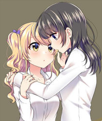 Rule 34 | 2girls, :o, black hair, blank eyes, blonde hair, blush, bow, breasts, brown background, collarbone, collared shirt, dress shirt, hair bow, hair in own mouth, hand on another&#039;s arm, hand on another&#039;s shoulder, ichinose haruko, long hair, long sleeves, medium breasts, multiple girls, nikaido natsuko, one side up, parted lips, profile, purple bow, shirt, simple background, swap swap, swept bangs, tareme, tottoto tomekichi, upper body, wavy hair, white shirt, wing collar, yellow eyes, yuri