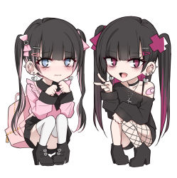Rule 34 | 2girls, :d, backpack, bag, bandaid, bandaid on arm, bare shoulders, black choker, black footwear, black hair, black nails, black shirt, black skirt, blue eyes, blush, boots, bow, chibi, choker, closed mouth, collarbone, collared shirt, commentary request, cross, cross necklace, ear piercing, earrings, fishnet pantyhose, fishnets, goth fashion, gothic, hair bow, hair ornament, hairclip, heart, heart earrings, heart in eye, high heels, highres, jewelry, kanju, latin cross, long hair, long sleeves, multicolored hair, multiple girls, nail polish, necklace, off shoulder, open mouth, original, pantyhose, piercing, pink bow, pink shirt, pleated skirt, purple eyes, purple hair, shirt, shoes, simple background, single leg pantyhose, skirt, smile, squatting, streaked hair, symbol in eye, thighhighs, thighhighs under boots, twintails, v, very long hair, wavy mouth, white background, white thighhighs, x hair ornament