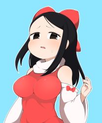 Rule 34 | 1girl, black eyes, black hair, blue background, blush, bow, breasts, commentary request, cookie (touhou), detached sleeves, dress, hair bow, hakurei reimu, highres, impossible clothes, impossible dress, large breasts, long hair, madore, open mouth, outline, red bow, red dress, scarf, shiromiya rei, sidelocks, simple background, sleeve bow, sleeveless, sleeveless dress, solo, swept bangs, touhou, upper body, white outline, white scarf, white sleeves, wide sleeves