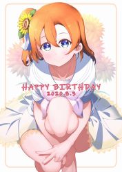 Rule 34 | 1girl, a song for you! you? you!, birthday, blue eyes, blush, closed mouth, collarbone, dated, floral background, flower, hair between eyes, hair flower, hair ornament, happy birthday, knee up, kosaka honoka, lace, lace-trimmed skirt, lace trim, hugging own legs, looking at viewer, love live!, love live! school idol project, miniskirt, one side up, orange hair, otonokizaka school uniform, pleated skirt, raised eyebrows, repunit, school uniform, serafuku, short sleeves, sitting, skirt, smile, solo, sunflower, tareme, thighs