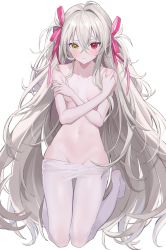 Rule 34 | 1girl, covering breasts, covering privates, crossed arms, heterochromia, highres, kneeling, long hair, navel, no bra, no panties, no shoes, pantyhose, roti, simple background, solo, stomach, very long hair, white background, white pantyhose