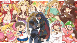 Rule 34 | 3girls, 6+boys, \m/, amamiya ren, animal crossing, ass, blonde hair, breasts, bridal veil, cheerleader, cleavage, cloud strife, cosplay, crossdressing, crossover, dress, facial hair, fatal fury, final fantasy, final fantasy vii, final fantasy vii remake, fire emblem, fire emblem awakening, furono (fuloru), genderswap, genderswap (mtf), gerudo set (zelda), hand on another&#039;s chest, hand on another&#039;s shoulder, hat, heart, heart-shaped pupils, highres, index finger raised, link, lipstick, looking at viewer, lucina (fire emblem), luigi, makeup, mario, mario &amp; luigi: superstar saga, mario &amp; luigi rpg, mario (series), multiple boys, multiple crossover, multiple girls, mustache, nintendo, one eye closed, outstretched hand, persona, persona 5, persona 5: dancing star night, persona dancing, pointing, pointing at viewer, pom pom (cheerleading), princess peach, princess peach (cosplay), school uniform, sheik, skirt, snk, snk heroines: tag team frenzy, spiked hair, super mario odyssey, super smash bros., sweatdrop, symbol-shaped pupils, terry bogard, the king of fighters, the legend of zelda, the legend of zelda: breath of the wild, the legend of zelda: ocarina of time, the legend of zelda: tri force heroes, tiara, toon link, trait connection, trap, turban, v, veil, villager (animal crossing), wall market, wedding dress
