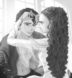 Rule 34 | 1boy, 1girl, anakin skywalker, animification, blush, closed mouth, commentary, commentary request, cutting hair, greyscale, highres, holding, holding scissors, long hair, looking at another, miko (27044850), monochrome, navel, open clothes, open shirt, padme amidala, scar, scar across eye, scissors, short hair, signature, simple background, smile, star wars, star wars: attack of the clones