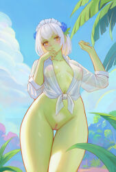 Rule 34 | arm up, bottomless, breasts, cleft of venus, collarbone, colored inner hair, colored skin, covered erect nipples, flower, flower on head, from below, green skin, headband, highres, looking at viewer, looking down, multicolored hair, navel, nipples, original, outdoors, pubic hair, pussy, see-through, shchrit, shirt, small breasts, tied shirt, white hair, white pubic hair, white shirt, yellow eyes