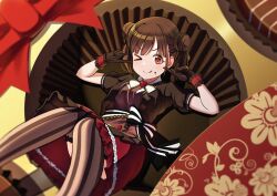 Rule 34 | &gt; o, 1girl, black gloves, black shirt, blurry, blush, bow, bowtie, breasts, brooch, brown hair, brown thighhighs, chocolate, chocolate on face, depth of field, dot nose, double bun, dress bow, food, food on face, frilled skirt, frilled thighhighs, frills, gloves, hair bun, heart, heart brooch, highres, idolmaster, idolmaster shiny colors, jewelry, knees up, large breasts, long hair, looking at viewer, one eye closed, osoba susurukun, pleated skirt, polka dot, red eyes, red ribbon, red skirt, ribbon, shirt, short sleeves, sitting, skirt, smile, solo, sonoda chiyoko, striped clothes, striped thighhighs, thighhighs, tongue, tongue out, twintails, two-tone bow, v-shaped eyebrows, white bow, white bowtie