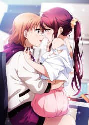 Rule 34 | 2girls, absurdres, back, bento, breasts, day, eye contact, grabbing another&#039;s chin, hand on another&#039;s chin, highres, hood, hoodie, imminent kiss, kougi hiroshi, light blush, long hair, looking at another, love live!, love live! sunshine!!, medium breasts, medium hair, multiple girls, open mouth, orange hair, outdoors, pink eyes, ponytail, red hair, sakurauchi riko, scrunchie, shirt, shorts, sitting, sitting on lap, sitting on person, skirt, smile, sparkle, sunlight, t-shirt, table, takami chika, yellow eyes, yuri
