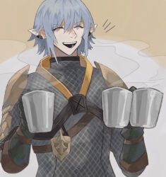 Rule 34 | 1boy, armor, black gloves, chainmail, chest armor, closed eyes, cup, final fantasy, final fantasy xiv, gloves, grey hair, haurchefant greystone, highres, holding, holding cup, long bangs, male focus, notice lines, short hair, shoulder pads, simple background, smile, solo, steam, teeth, triangle mouth, upper body, upper teeth only, user sukatan62