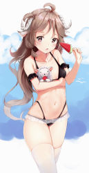 Rule 34 | 1girl, absurdres, ahoge, airool, animal, animal ears, arknights, bare shoulders, bikini, black bikini, breasts, brown hair, carrying, chinese commentary, collarbone, commentary request, curled horns, eyjafjalla (arknights), food, fruit, gradient hair, highleg, highleg bikini, highres, holding, horns, long hair, looking at viewer, multi-strapped bikini, multicolored hair, navel, parted lips, red eyes, revision, sheep, skindentation, small breasts, solo, standing, swimsuit, thighhighs, thighs, very long hair, watermelon, wavy hair, wet, white thighhighs