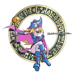 Rule 34 | 1girl, ;), bare shoulders, blonde hair, blue dress, blue footwear, blue hat, blush stickers, boots, breasts, cape, character name, choker, cleavage, closed mouth, dark magician girl, dress, duel monster, full body, green eyes, hair between eyes, hat, highres, holding, holding staff, large breasts, long hair, looking at viewer, one eye closed, pink cape, sengenjin31, smile, solo, staff, wizard hat, yu-gi-oh!