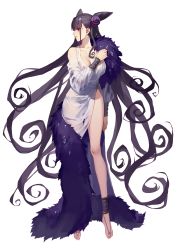 Rule 34 | 1girl, absurdres, anklet, bare legs, bare shoulders, barefoot, black hair, bracer, breasts, cleavage, closed mouth, clothing cutout, collarbone, commentary request, cone hair bun, double bun, dress, earrings, fate/grand order, fate (series), full body, hair bun, hair ornament, highres, jewelry, large breasts, long hair, long sleeves, looking away, looking to the side, murasaki shikibu (fate), pelvic curtain, profile, purple eyes, rekaerb maerd, see-through, shawl, shoulder cutout, snowflake earrings, snowflakes, solo, standing, transparent background, very long hair, wet, wet clothes, wet dress, white dress