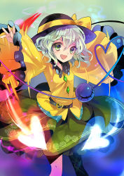 Rule 34 | 1girl, belt, bow, floral print, green eyes, hat, hat bow, heart, heart of string, komeiji koishi, long sleeves, musou yuchi, open mouth, outstretched arms, shirt, silver hair, skirt, smile, solo, third eye, touhou, wide sleeves