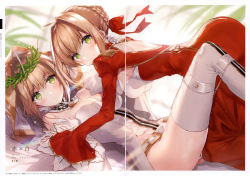 Rule 34 | 2girls, absurdres, blonde hair, blush, braid, breasts, detached sleeves, dress, fate/extra, fate (series), french braid, green eyes, hair intakes, head wreath, highres, huge filesize, leotard, long sleeves, looking at viewer, medium breasts, multiple girls, necomi, nero claudius (bride) (fate), nero claudius (bride) (third ascension) (fate), nero claudius (fate), nero claudius (fate) (all), nero claudius (fate/extra), red dress, scan, simple background, thighhighs, thighs, white leotard