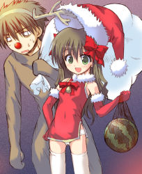 Rule 34 | 00s, 1boy, 1girl, animal costume, antlers, arima miyako, artist request, bag, bare shoulders, bell, black hair, bow, brown hair, china dress, chinese clothes, christmas, detached sleeves, dress, elbow gloves, flat chest, food, fruit, gloves, green eyes, hair bow, hat, horns, long hair, melty blood, navel, oekaki, open mouth, panties, pantyshot, red gloves, reindeer costume, ribbon, sack, santa costume, santa hat, source request, standing, sweat, thighhighs, tsukihime, underwear, watermelon, zettai ryouiki